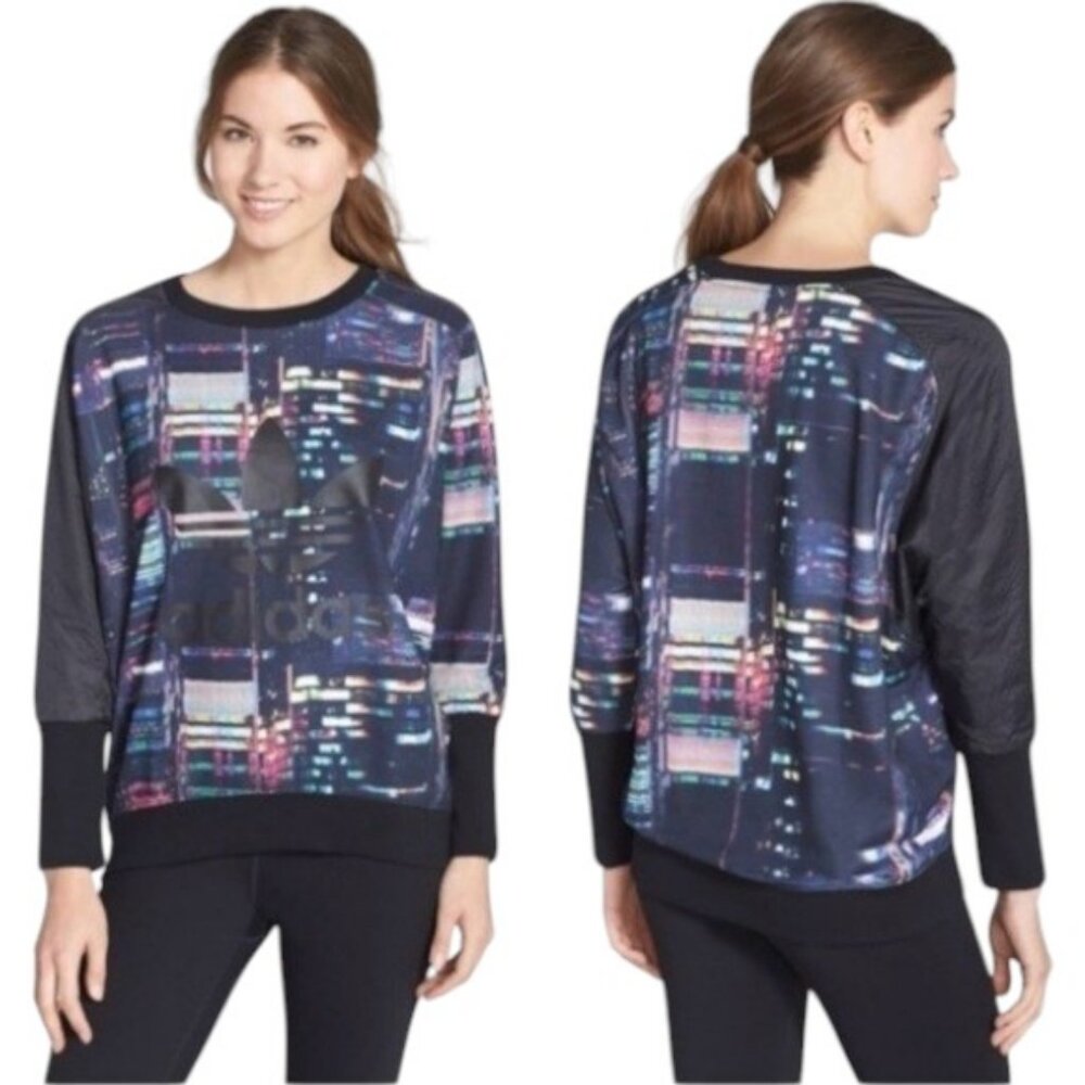 Adidas black trefoil Tokyo City printed pullover sweater size M
